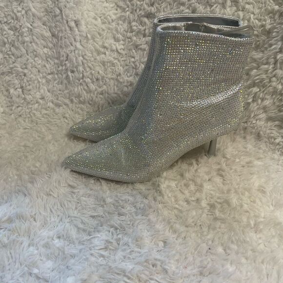 Moda Tope synthetic Silver Rhinestones Ankle Boots pointed toe side zipper SZ9.5 - Picture 1 of 16